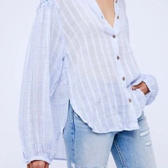 Free People Blue White Stripe Headed to the Highlands Button Up Top Size Medium - Picture 2 of 8